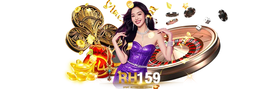 RH159 คาสิโนออนไลน์ รวมเกมรูเล็ต ไพ่ และทองคำ พร้อมสาวสวยสุดหรูในชุดสีม่วง สื่อถึงเว็บพนันครบวงจร